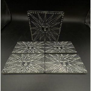 Mexican Black Sun Trivet & 4 Coasters Carved Stone Set 5